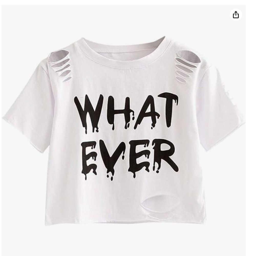 SHEIN Womens White Whatever Graphic Ripped T-shirt Cropped Distressed Tee Large